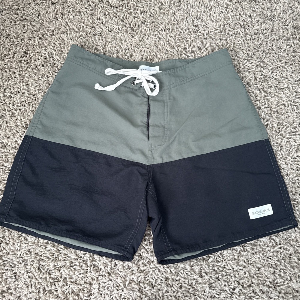 Saturdays Surf NYC Mens Colorblock Board Shorts Black Green Sz 28 Swim Trunks 5"
